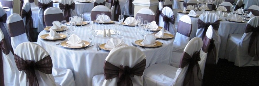 ivory chair cover with chocolate organza sash