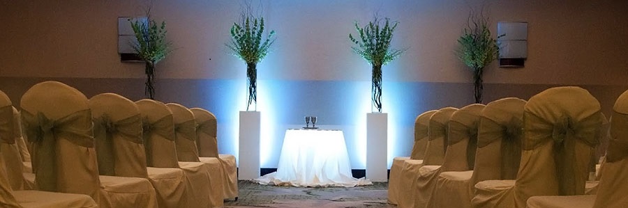 Ivory chair cover with sage sash with white uplight